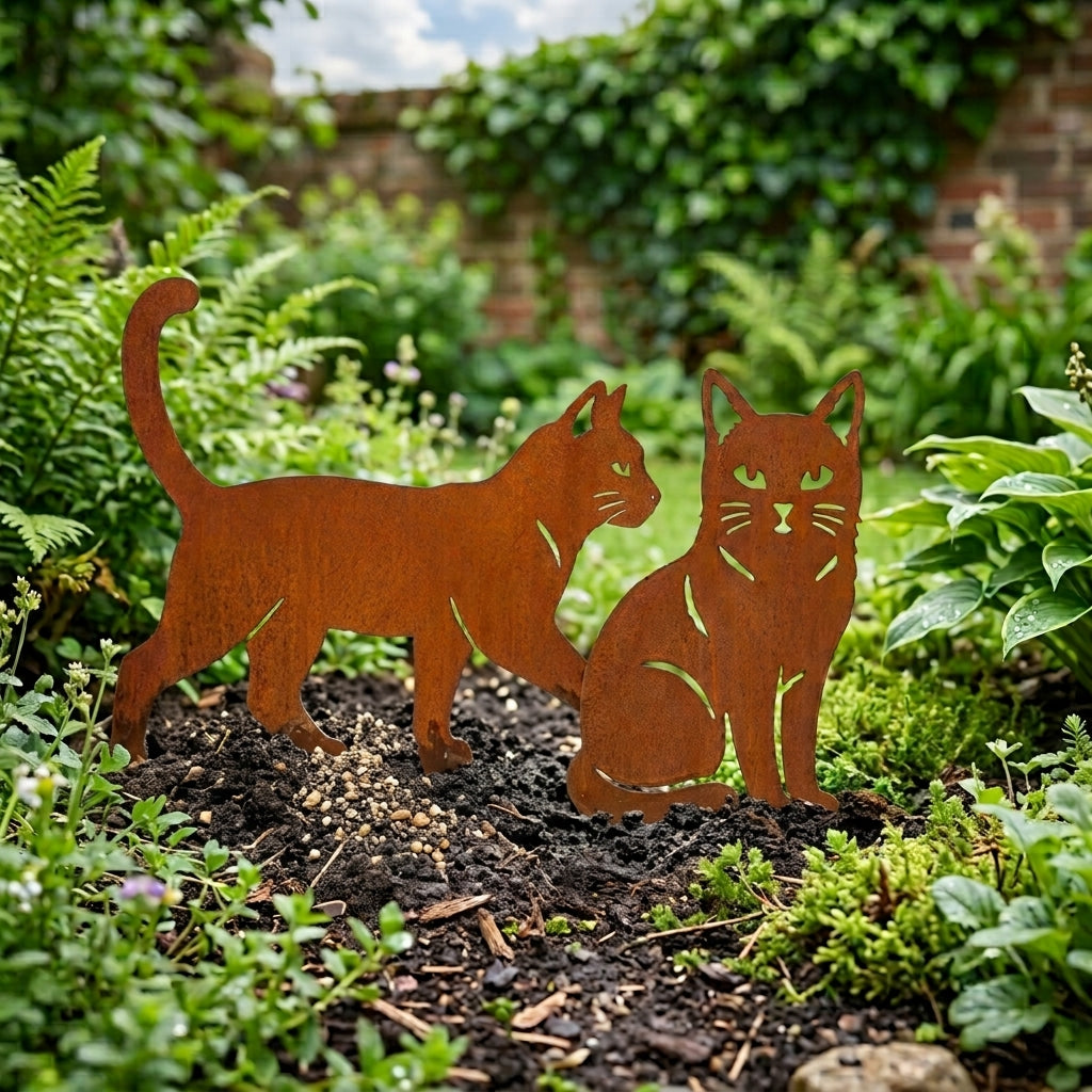 DUOKAT twee katten van cortenstaal de ene loopt en de ander zit
