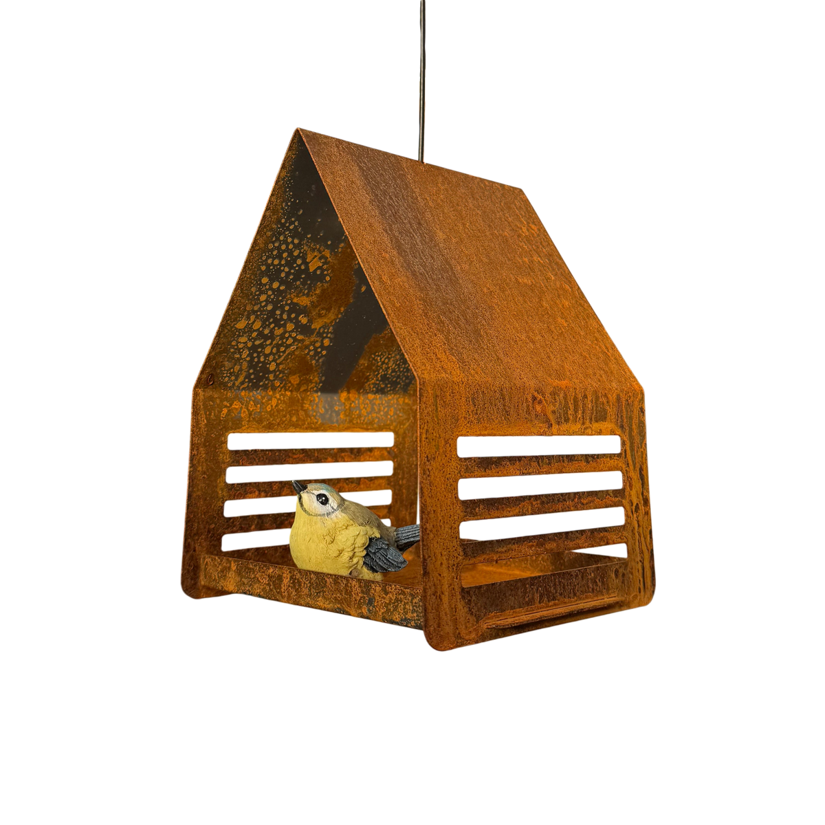 Hangend vogelvoederhuis RUST van cortenstaal met roestkleur, modern design voor tuin of balkon