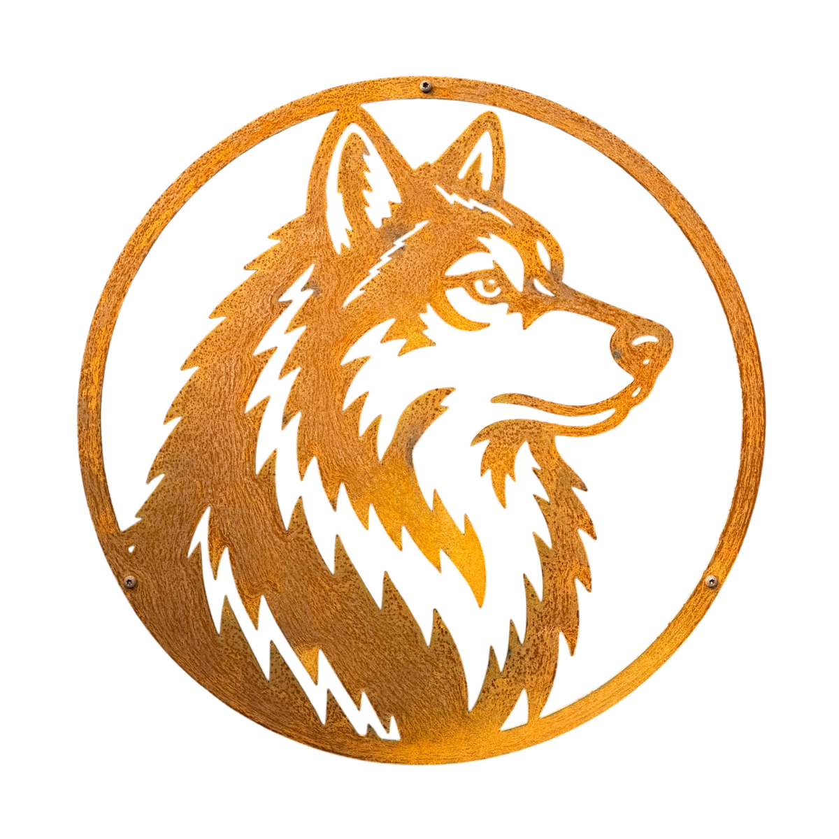Wanddecoratie HUSKY van cortenstaal met wolf, ronde muurdecoratie voor buiten