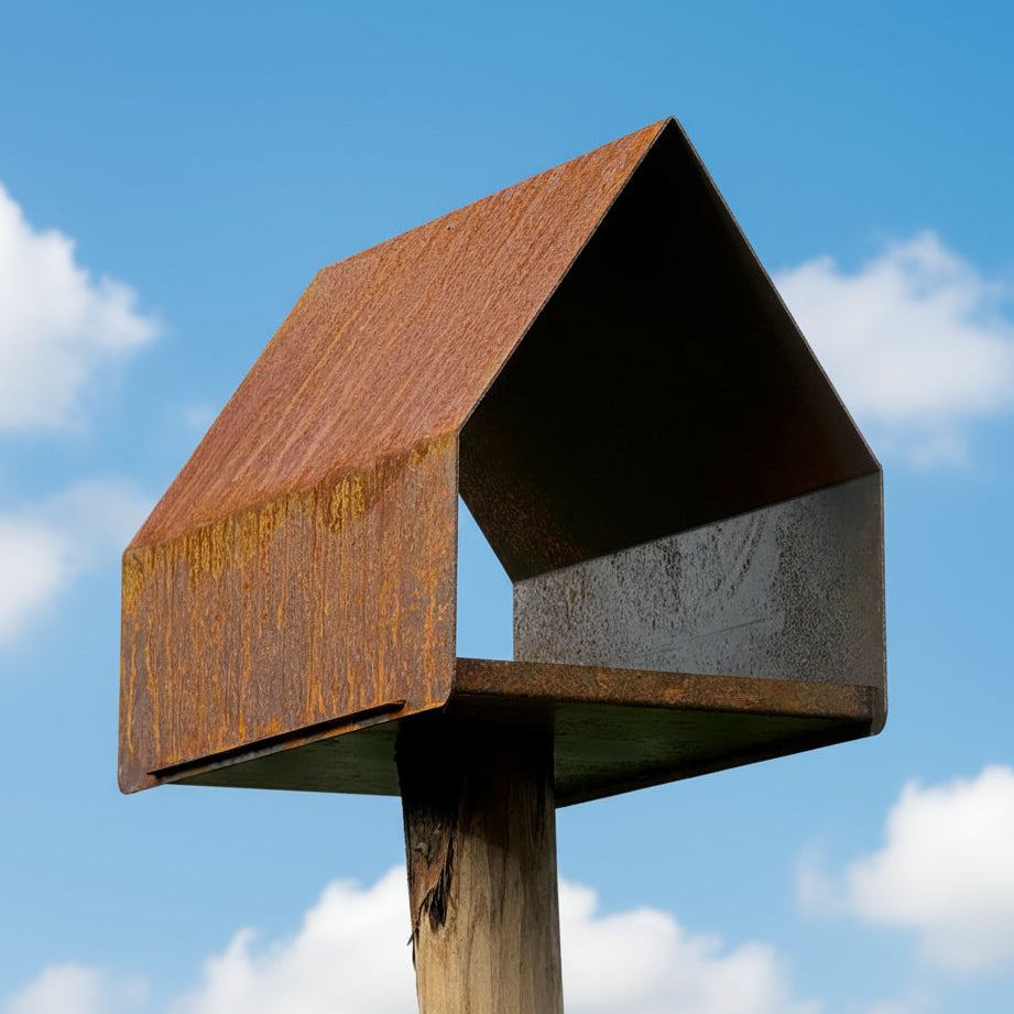 Vogelvoederhuis LUMOS van cortenstaal met zadeldak, paalmodel van Stalen Design