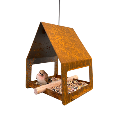 Vogelvoederhuis CELA – cortenstalen hangend vogelhuis met RVS haak