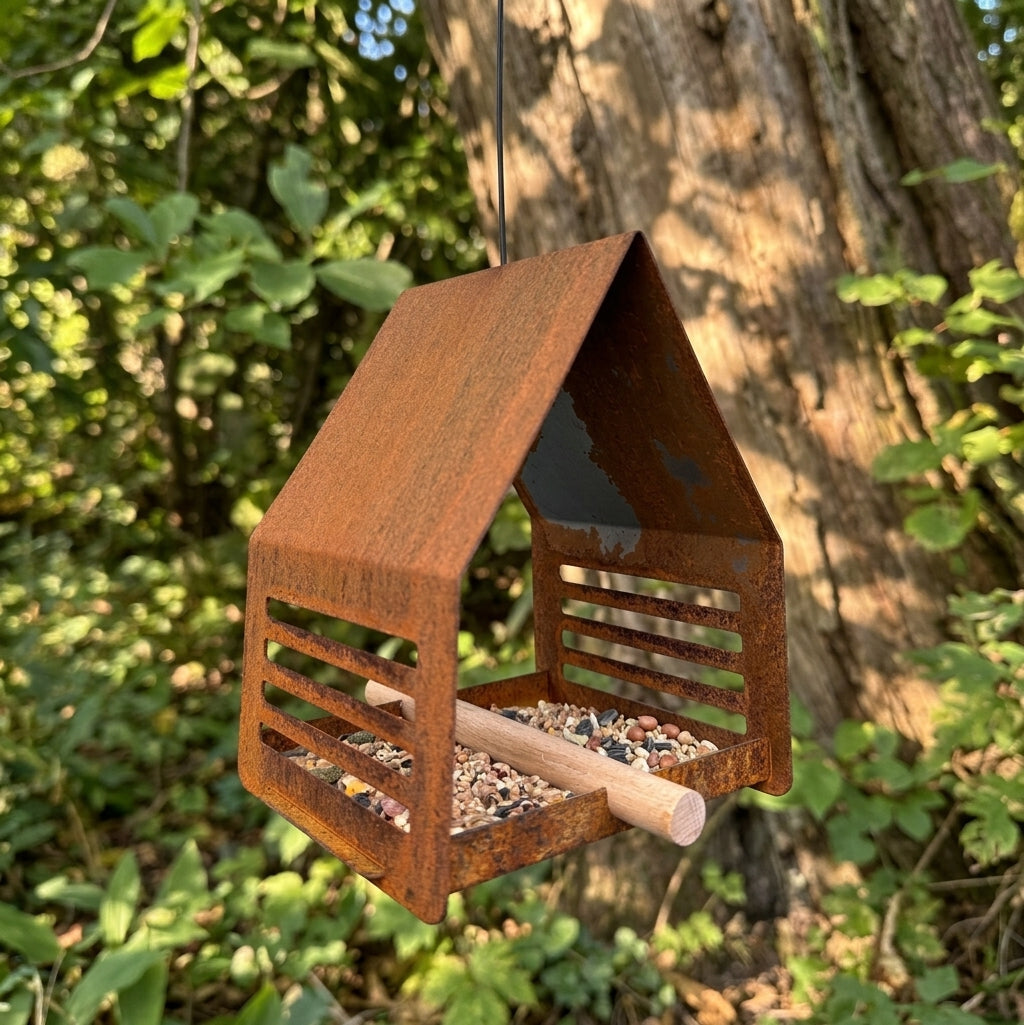 Vogelvoederhuis SYLVA van cortenstaal als hangmodel voor in de tuin